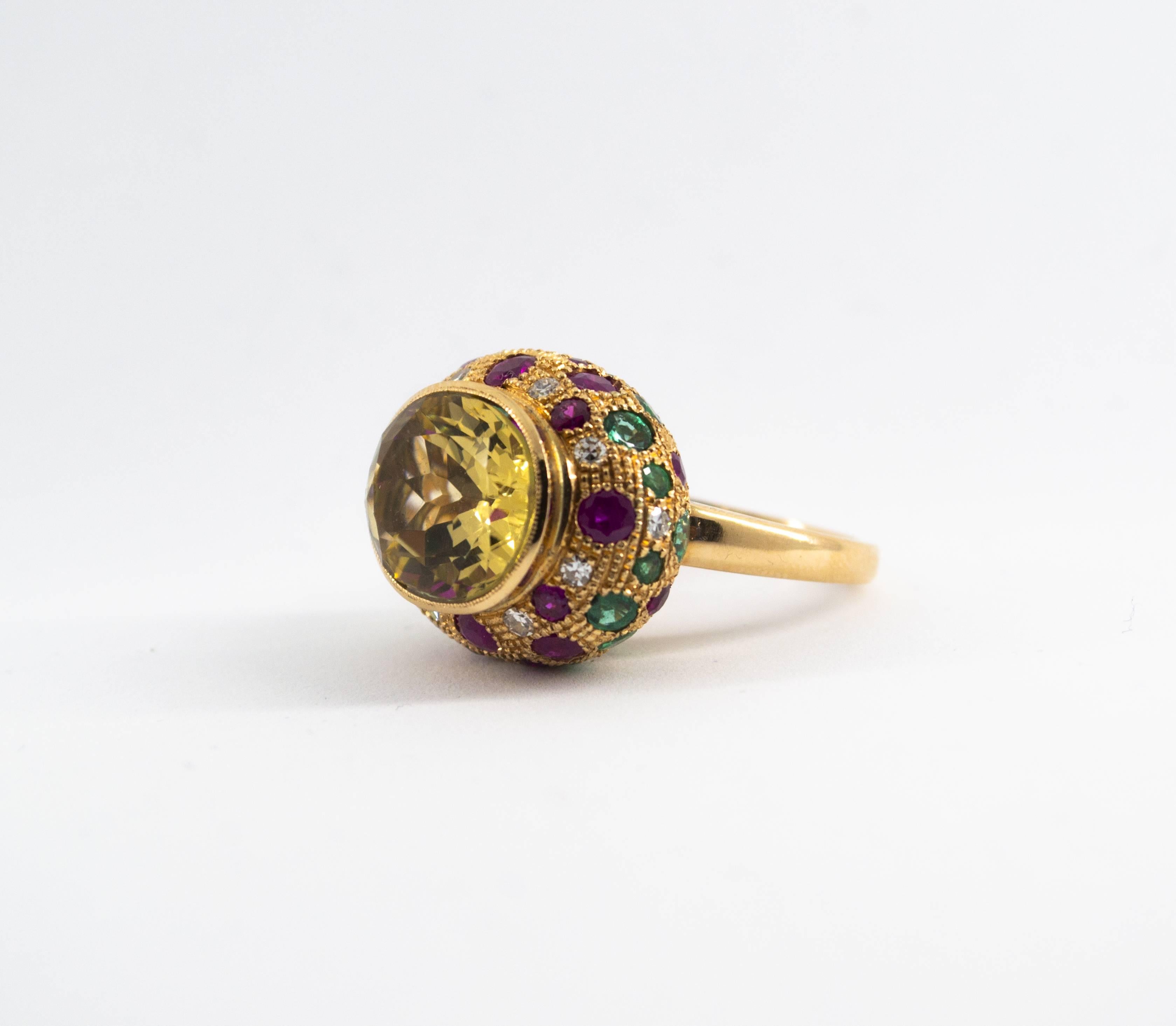 4.30 Carat Ruby Emerald 0.35 Carat Diamond Citrine Yellow Gold Cocktail Ring In New Condition In Naples, IT