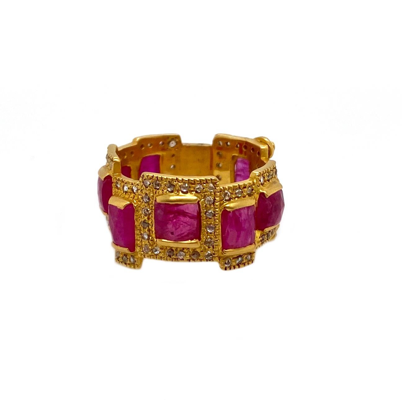 Square Cut 4.30 Carat Ruby Mosaic Art Deco Style Band Ring in 20 Karat Yellow Gold