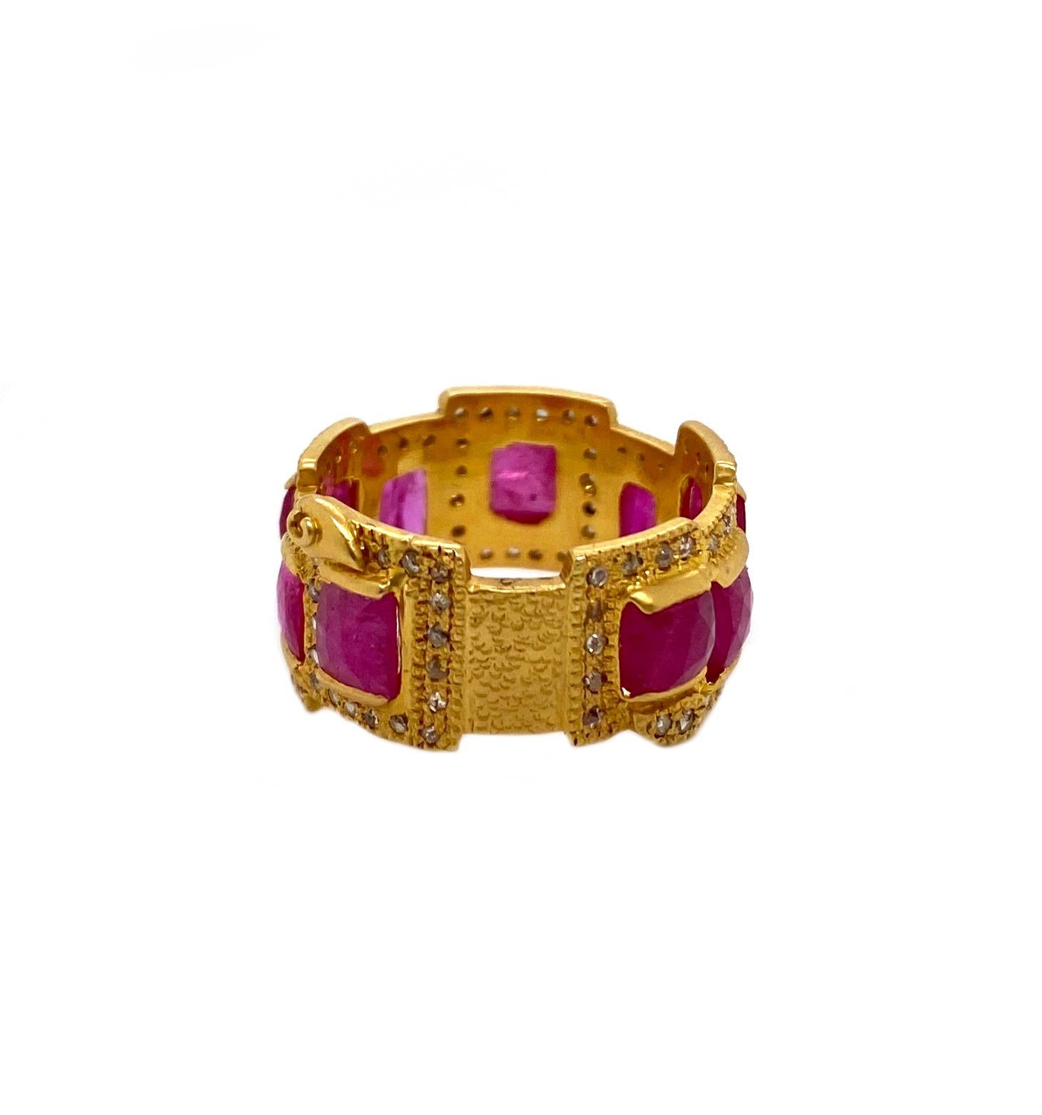 4.30 Carat Ruby Mosaic Art Deco Style Band Ring in 20 Karat Yellow Gold In New Condition In Secaucus, NJ