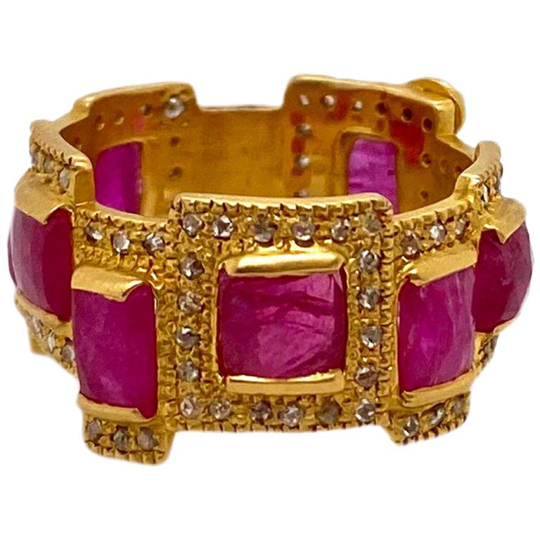 4.30 Carat Ruby Mosaic Art Deco Style Band Ring in 20 Karat Yellow Gold