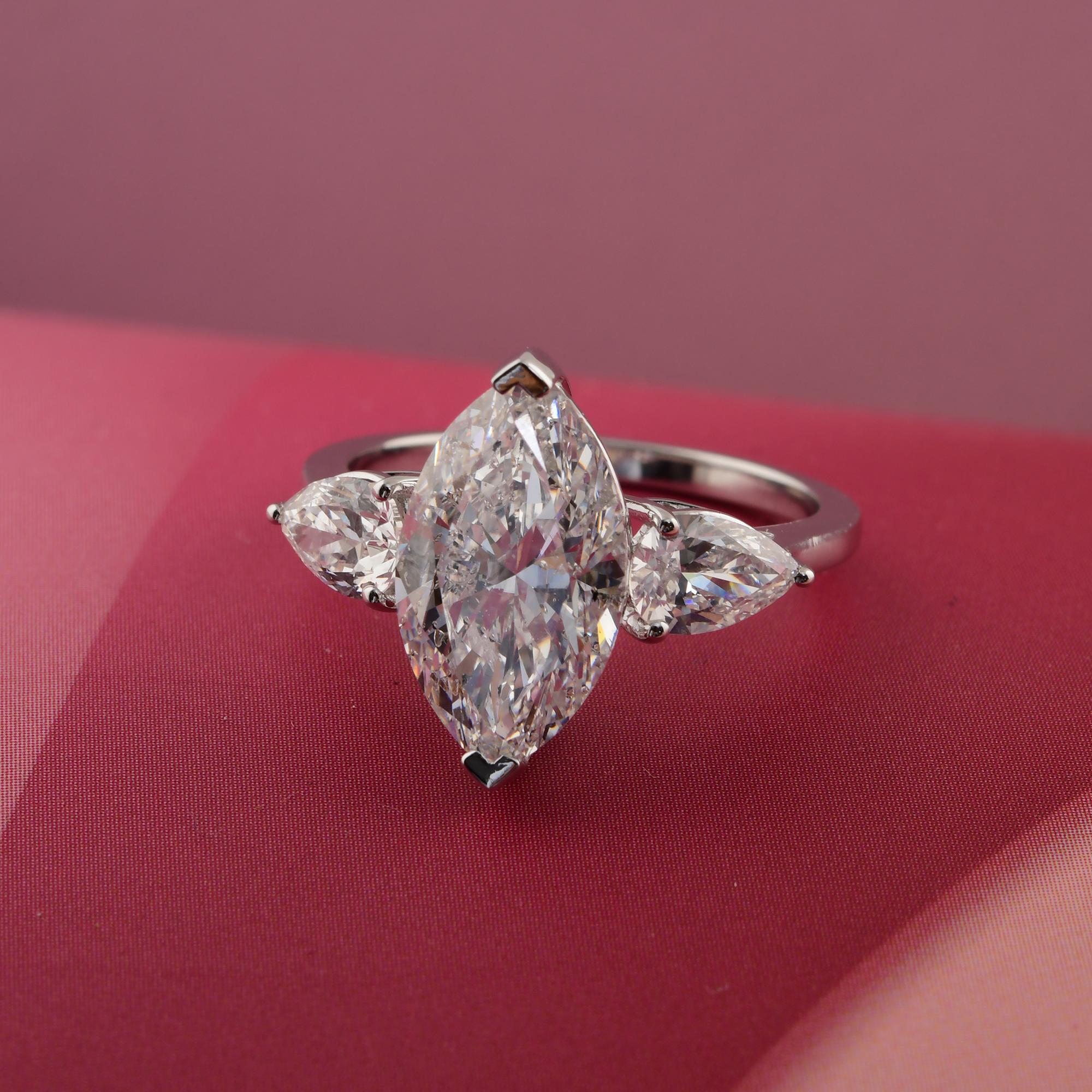 Marquise Cut 4.30 Carat SI/H Marquise Pear Brilliant Cut Diamond Ring 18 Karat White Gold For Sale