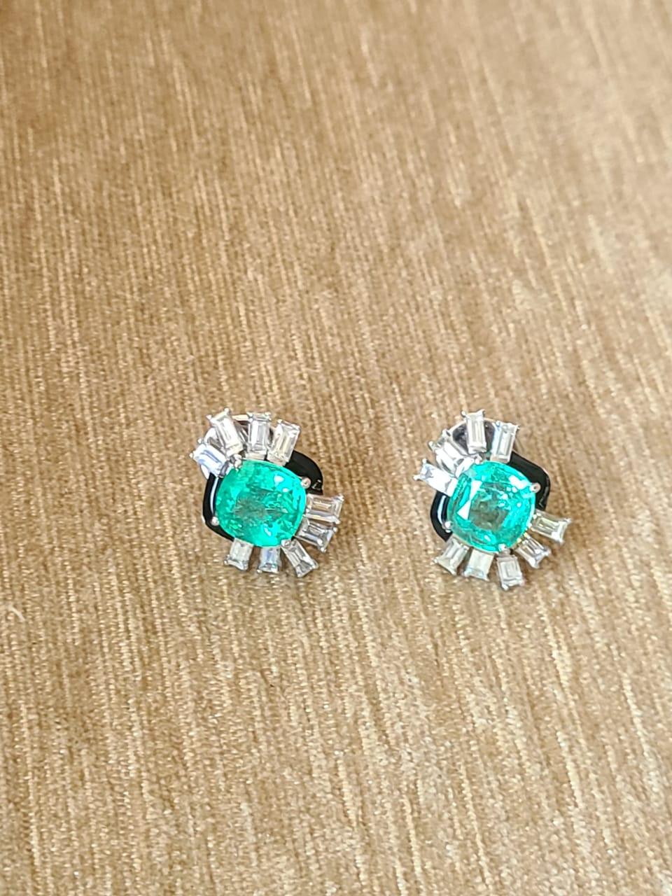 Tapered Baguette 4.30 Carats, Columbian Emerald, Black Enamel & Diamonds Art-Deco Stud Earrings