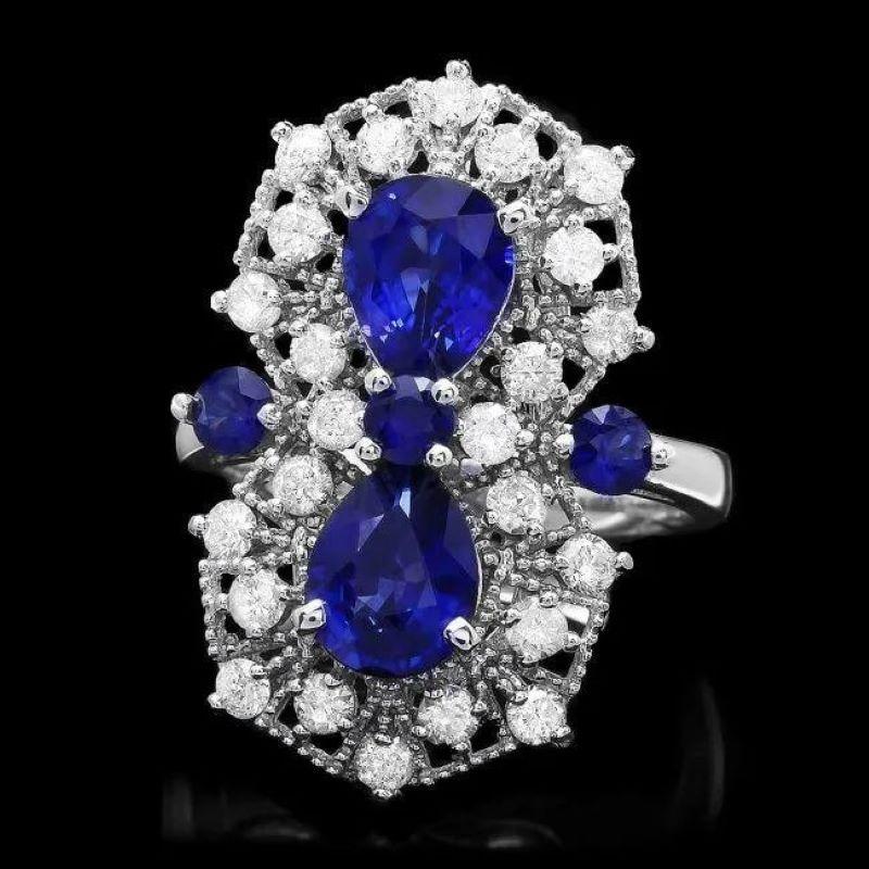 Mixed Cut 4.30 Carats Natural Blue Sapphire and Diamond 14K Solid White Gold Ring For Sale