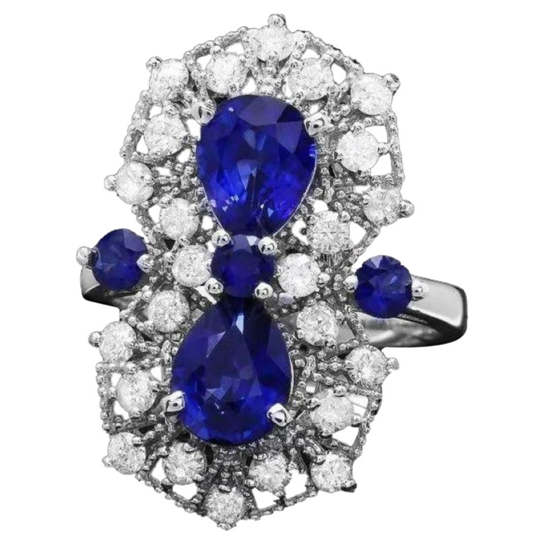 4.30 Carats Natural Blue Sapphire and Diamond 14K Solid White Gold Ring For Sale