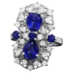 14 Karat massiver Weißgold Ring mit 4,30 Karat natürlichem blauen Saphir und Diamant