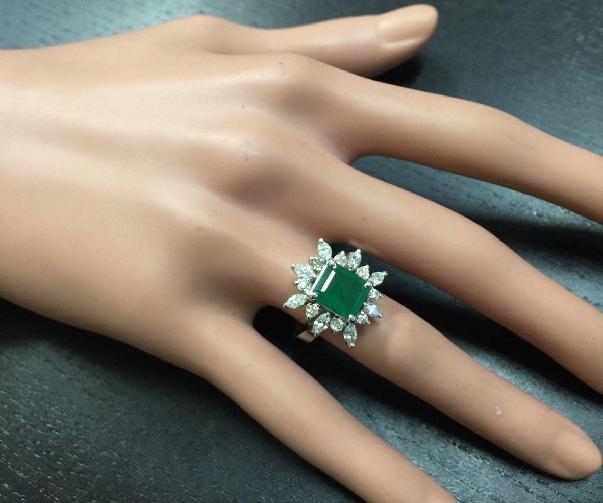 Women's 4.30 Carat Natural Emerald and Diamond 14 Karat Solid White Gold Ring For Sale