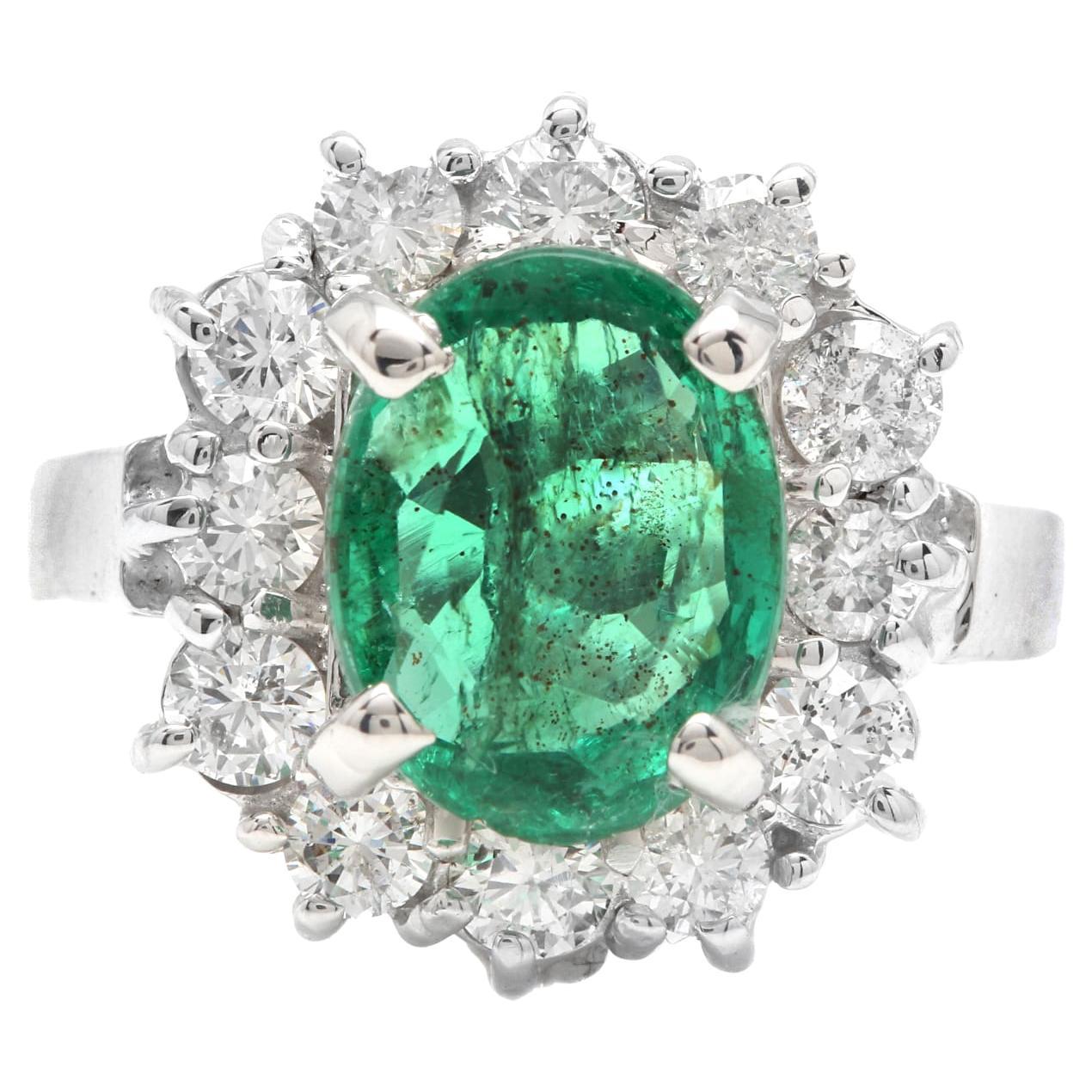 4.30 Carats Natural Emerald and Diamond 14K Solid White Gold Ring For Sale