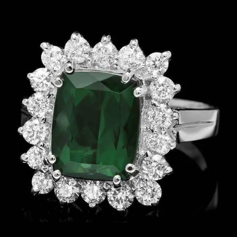 Mixed Cut 4.30 Carats Natural Green Tourmaline and Diamond 14K Solid White Gold Ring For Sale