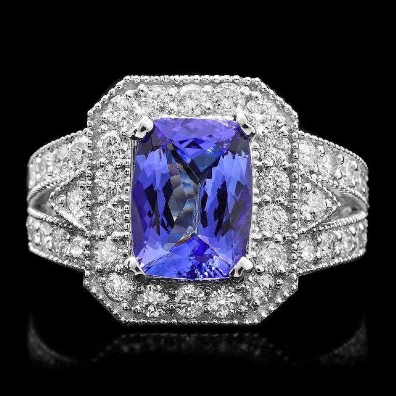 Taille mixte Bague en or blanc massif 14 carats avec tanzanite naturelle de 4,30 carats et diamants en vente