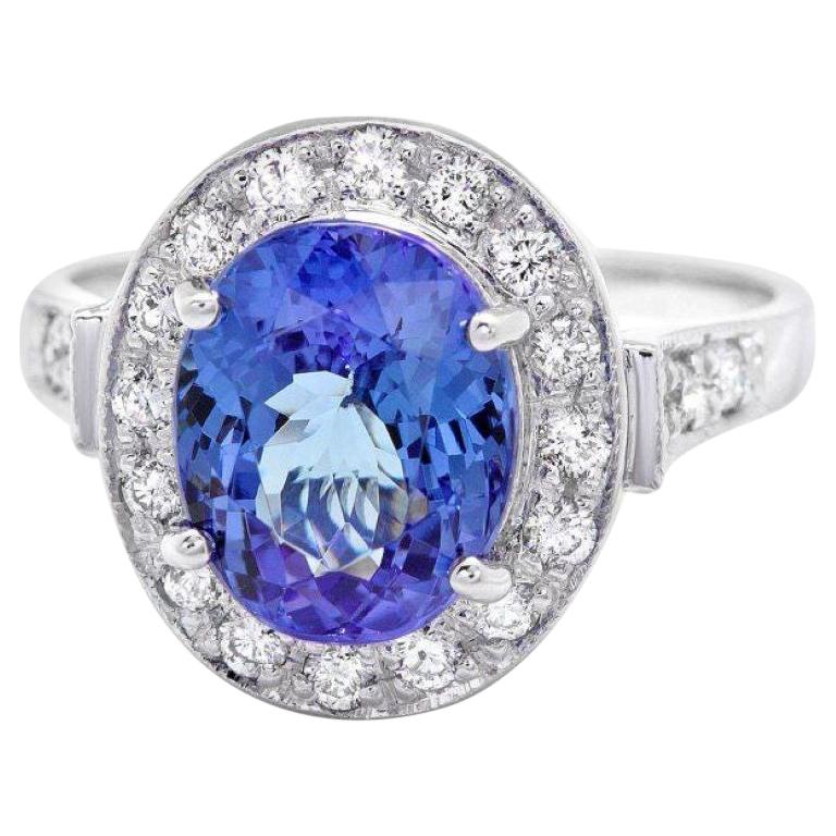 Bague en or blanc massif 14 carats avec tanzanite naturelle de 4,30 carats et diamants