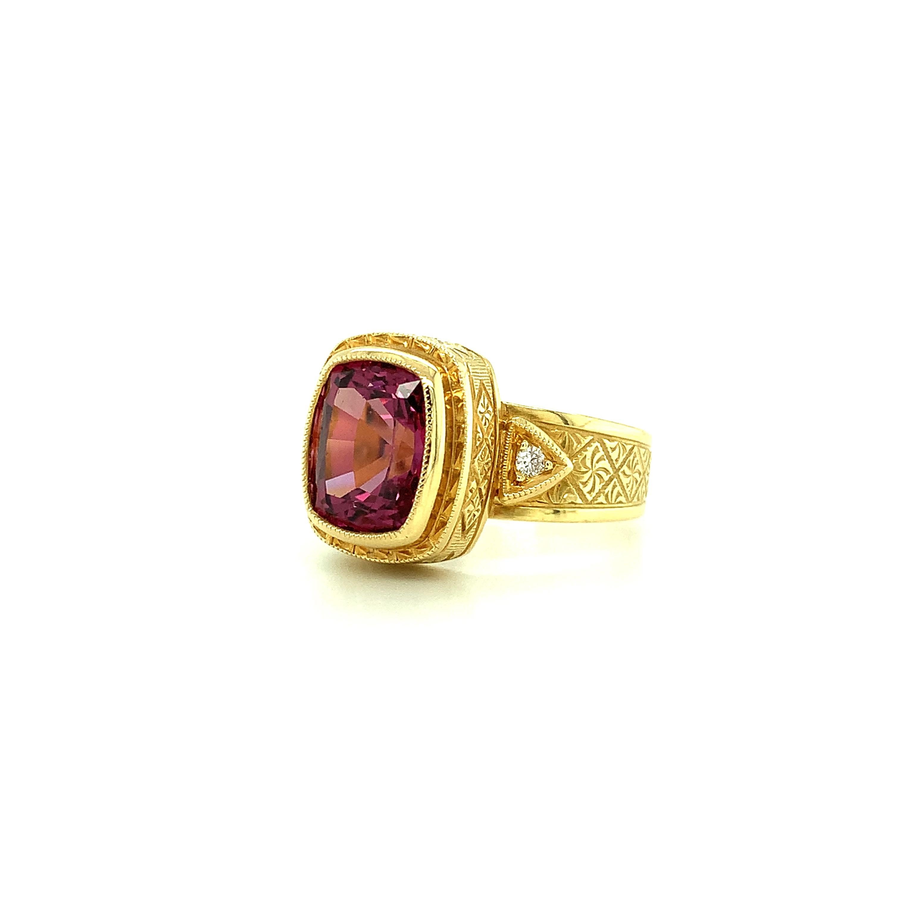 Artisan 4.30 Carat Rhodolite Garnet and Diamond Band Ring in 18k Yellow Gold For Sale