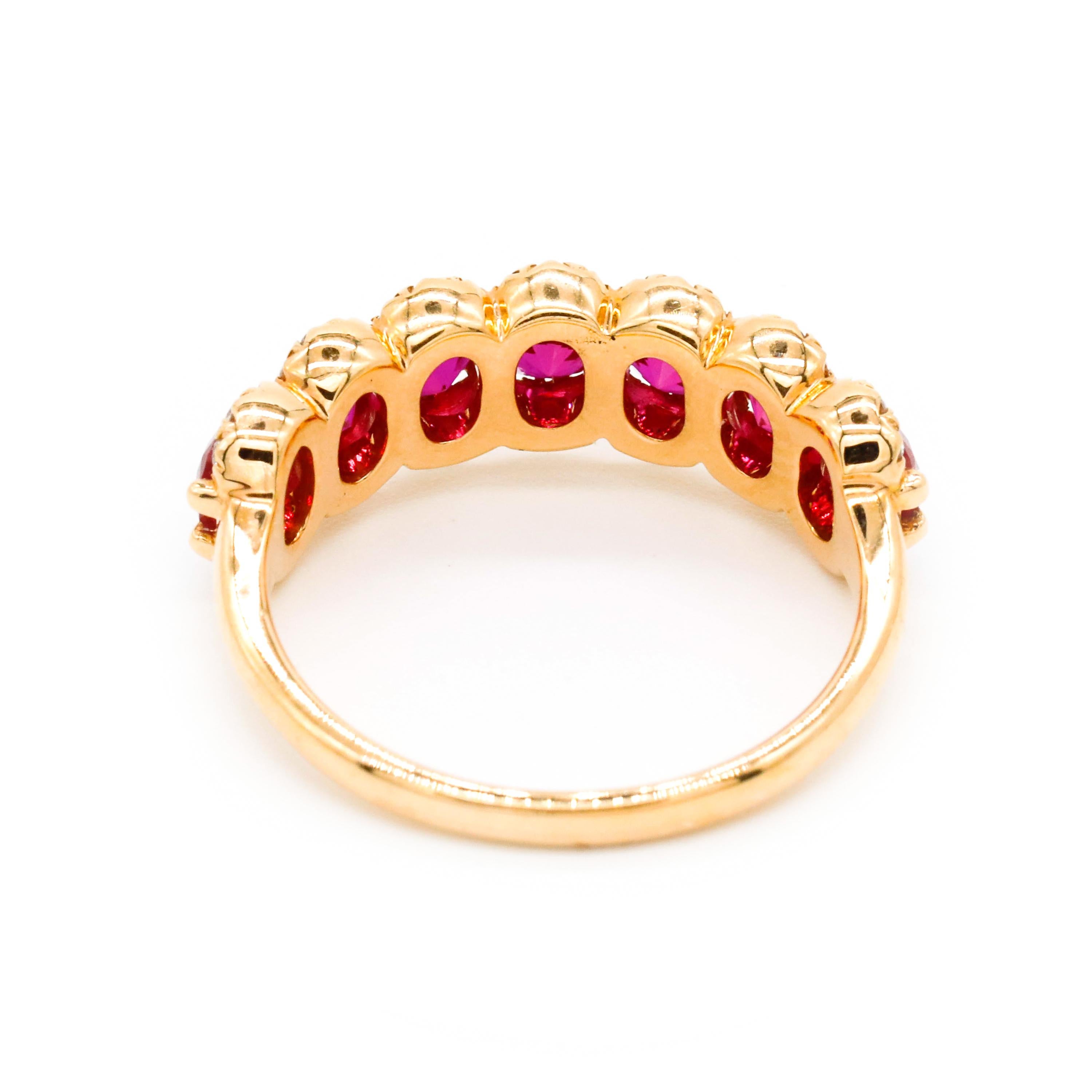 Modern 4.30 TCW Round Cut Ruby Prong Setting Diamond Band Ring in 18 k Yellow Gold For Sale