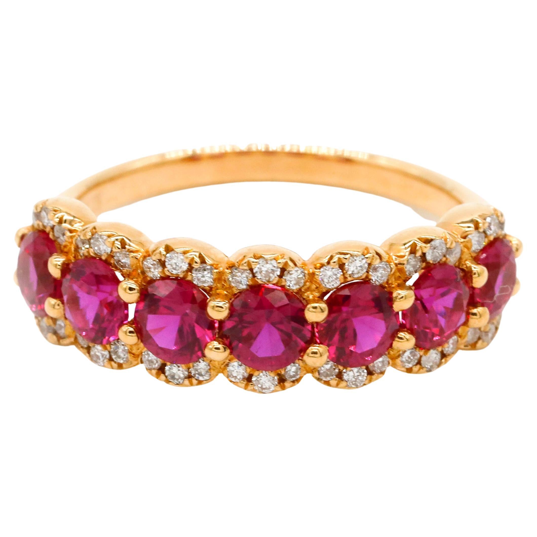 4.30 TCW Round Cut Ruby Prong Setting Diamond Band Ring in 18 k Yellow Gold For Sale