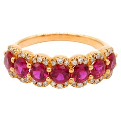 4.30 TCW Round Cut Ruby Prong Setting Diamond Band Ring in 18 k Yellow Gold