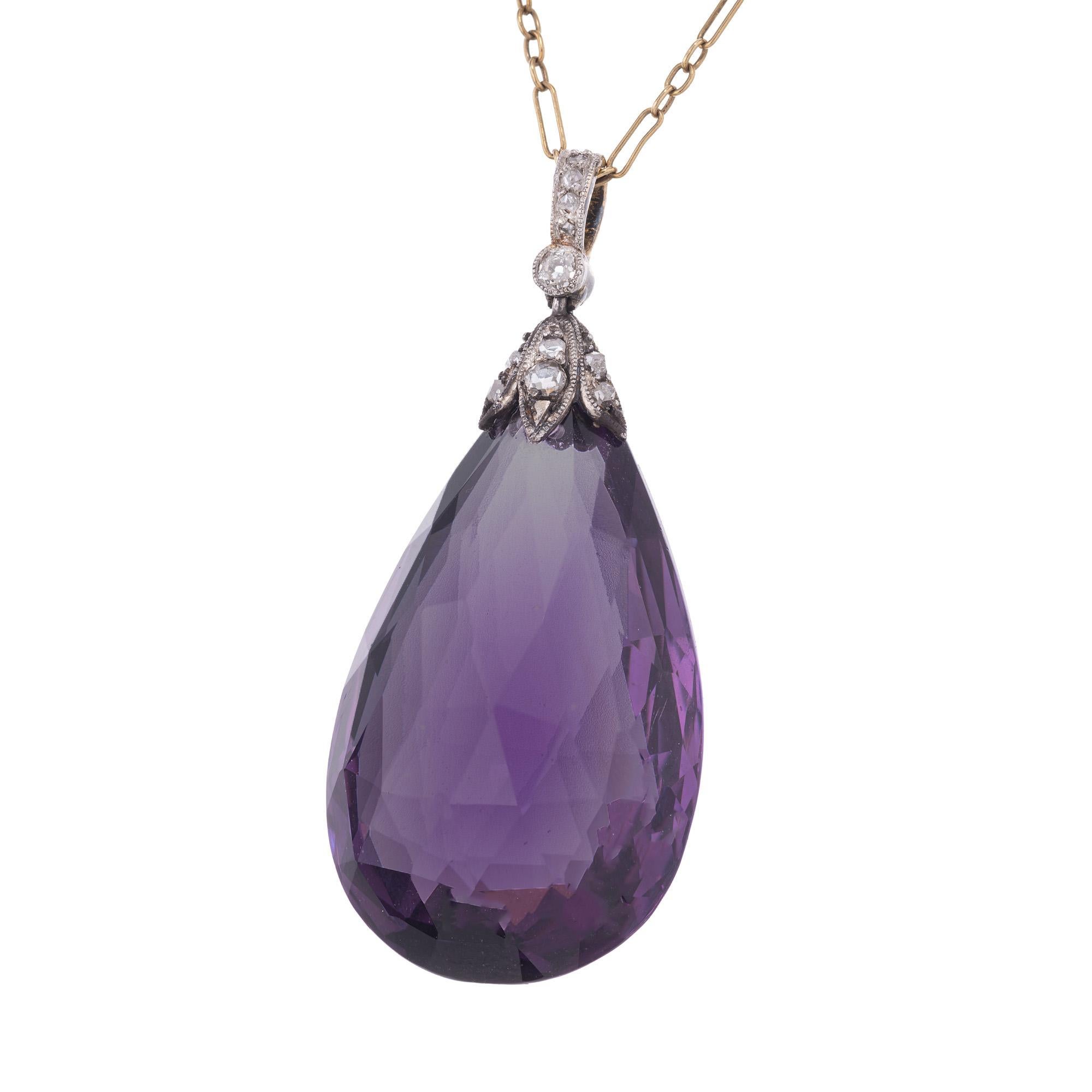 Donna 43,00 Carat Pear Briolette Amethyst Collana in argento e oro giallo in vendita