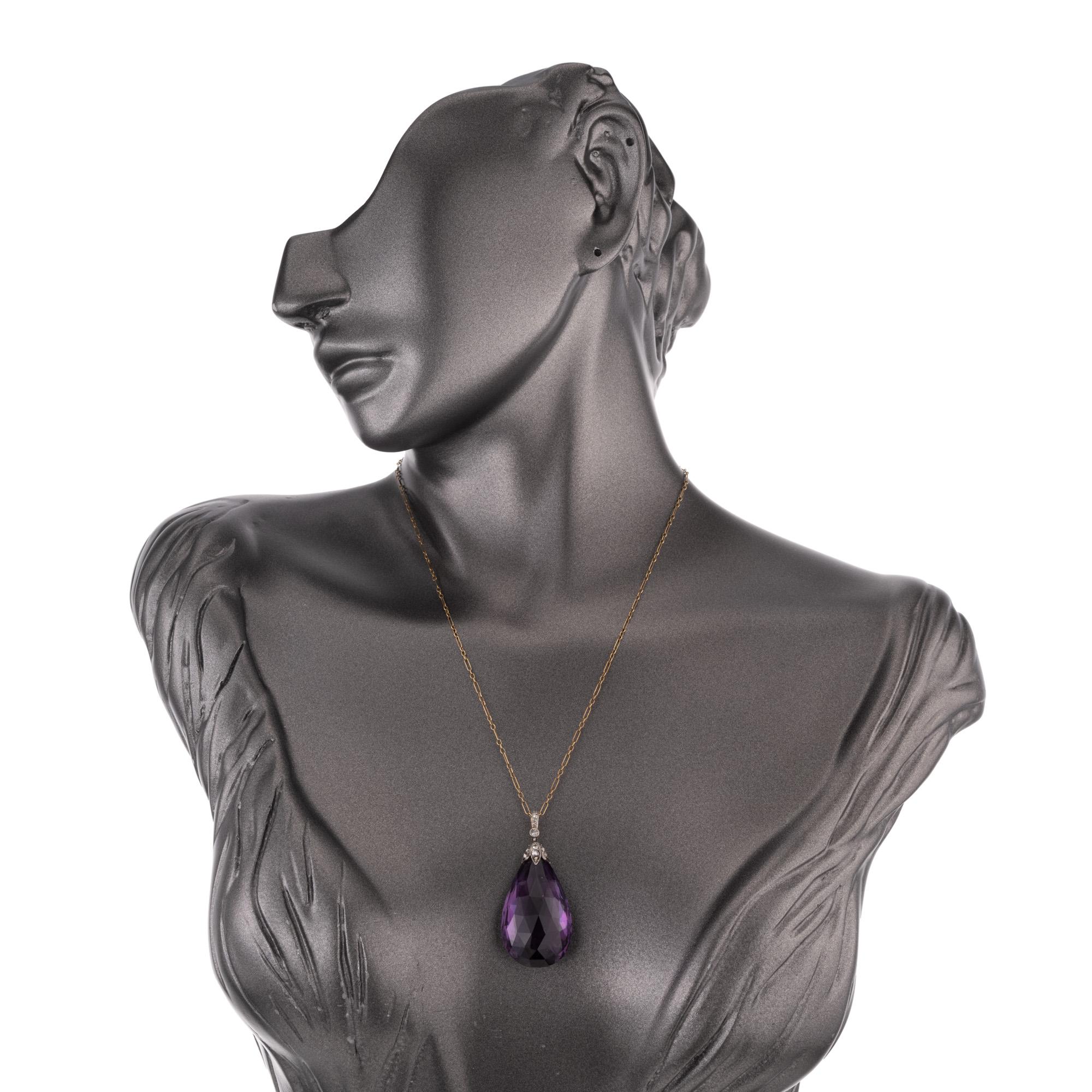 43,00 Carat Pear Briolette Amethyst Collana in argento e oro giallo in vendita 1