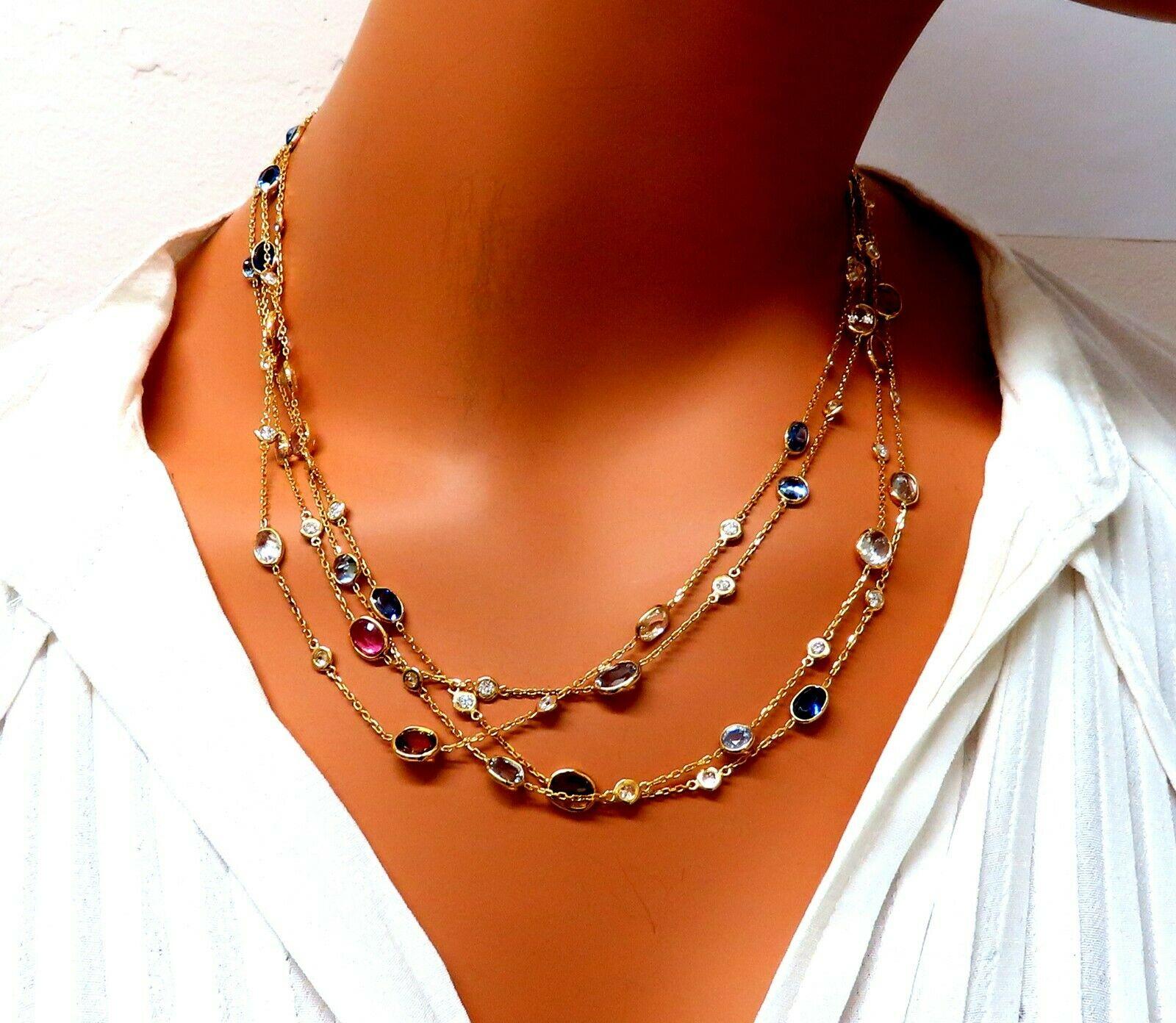 43.05 Carat Natural Vivid Sapphires Diamonds Yard Necklace 14 Karat 4-Tier Wrap For Sale 1