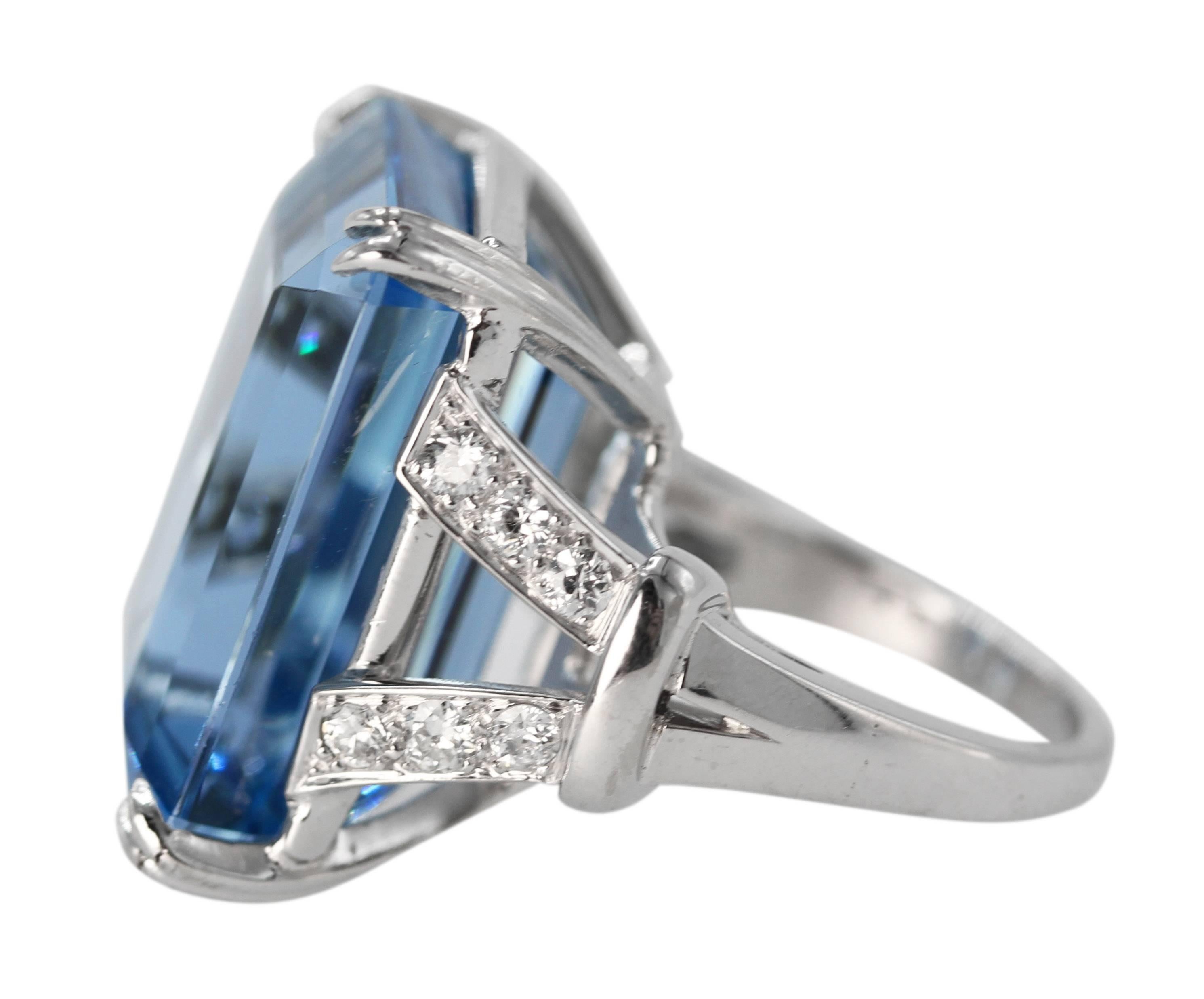 Emerald Cut 43.08 Carat Aquamarine and Diamond Ring For Sale