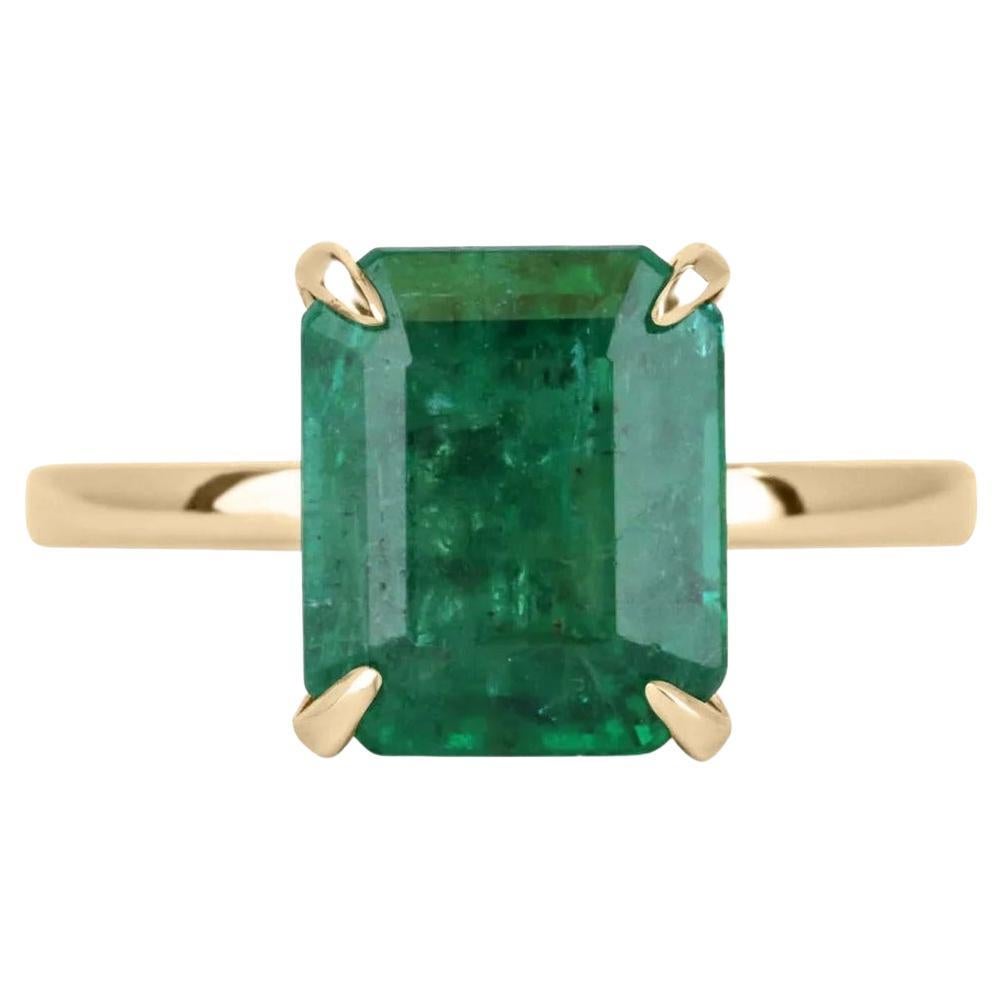 4.30ct 18K Natural Emerald-Emerald Cut 4-Prong Solitaire Gold Engagement Ring