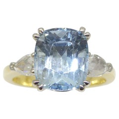4.30ct Aquamarine, Rose Cut Diamond Statement or Engagement Ring set in 18k Yell