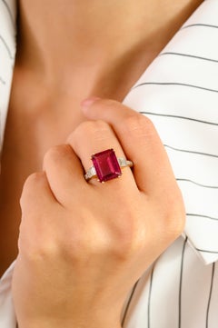 4.30CT Pink Tourmaline & Baguette Diamond Cocktail Ring in 14k Yellow Gold