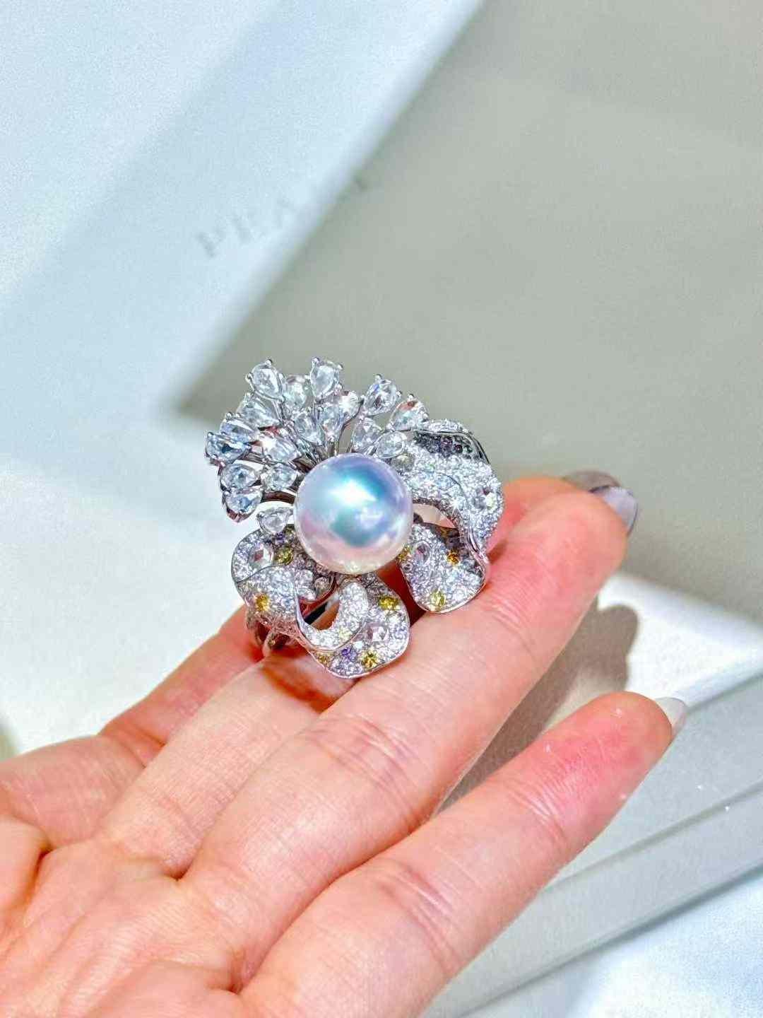 4.30ct Australian Pearl & Diamond 18k White Gold Convertible Flower Ring / Penda en venta 5