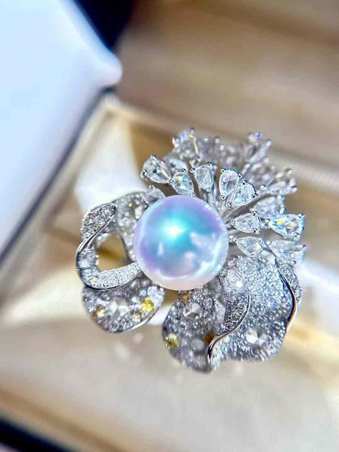 4.30ct Australian Pearl & Diamond 18k White Gold Convertible Flower Ring / Penda en venta 8
