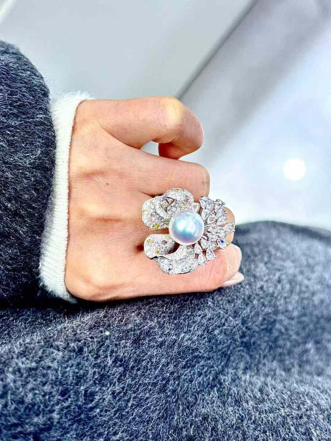 4.30ct Australian Pearl & Diamond 18k White Gold Convertible Flower Ring / Penda en venta 9