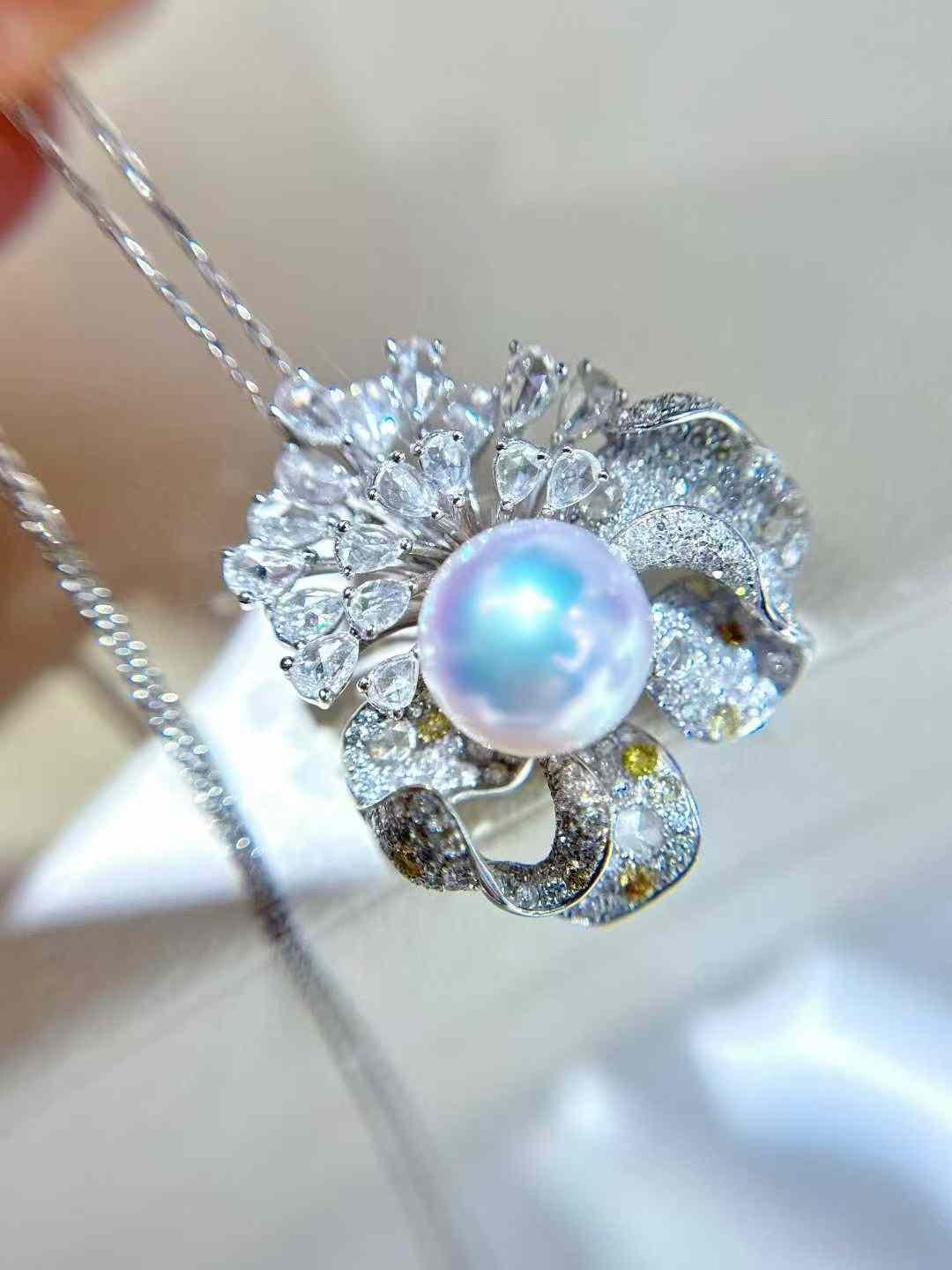 4.30ct Australian Pearl & Diamond 18k White Gold Convertible Flower Ring / Penda en venta 3