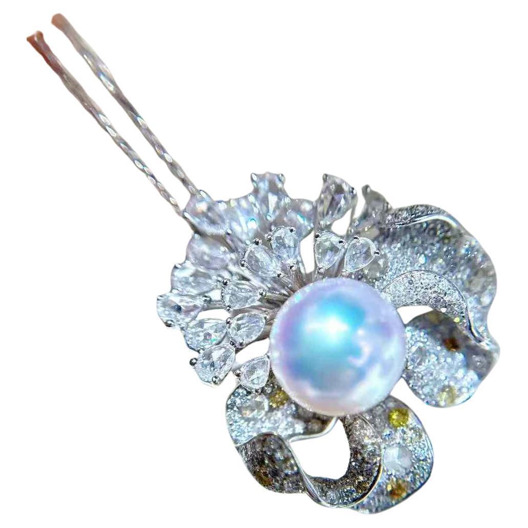 4.30ct Australian Pearl 
Diamond 18k White Gold Convertible Flower Ring / Penda en venta