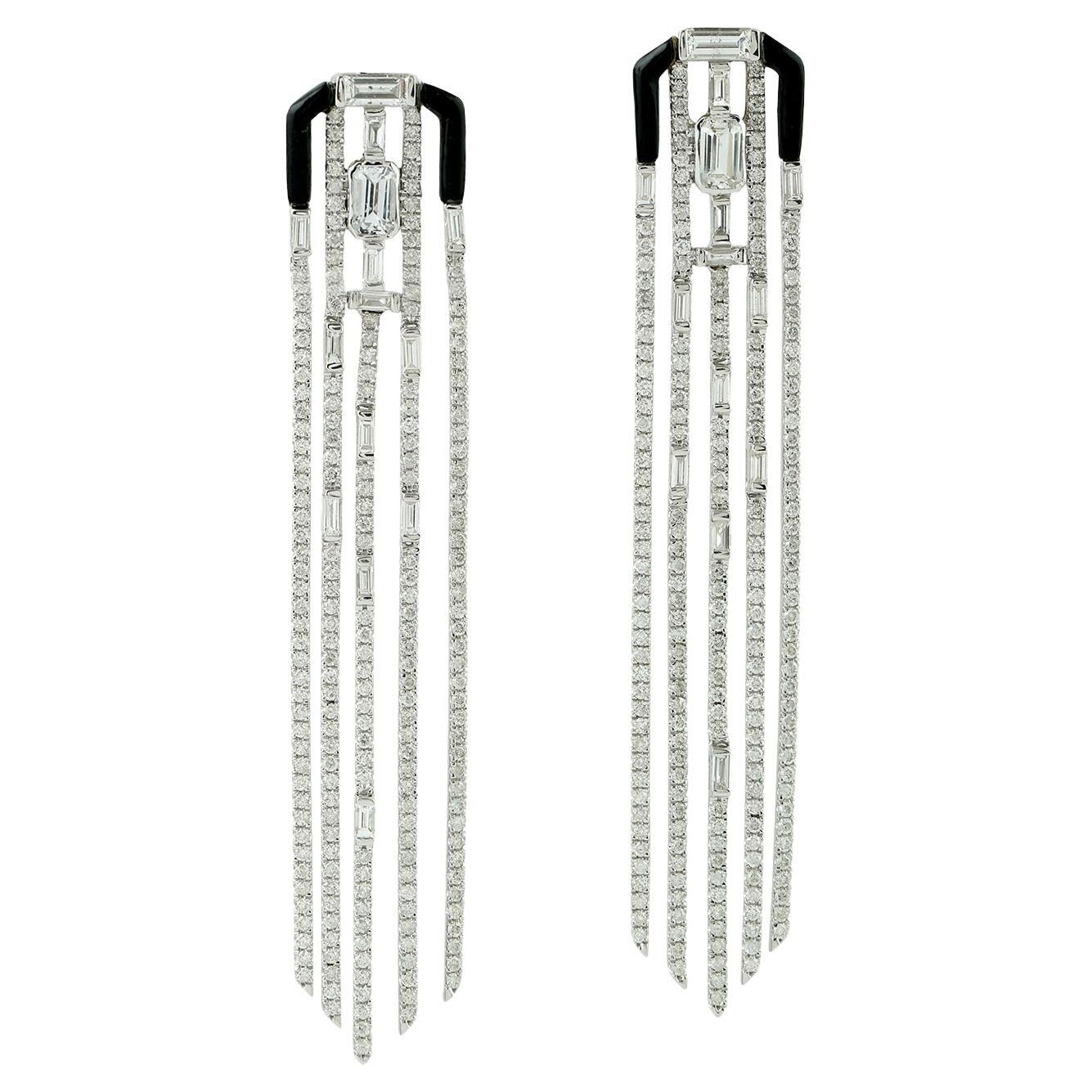 4.30ct Diamond Chandelier Earrings With Sapphire & Black Onyx In 18k White Gold For Sale