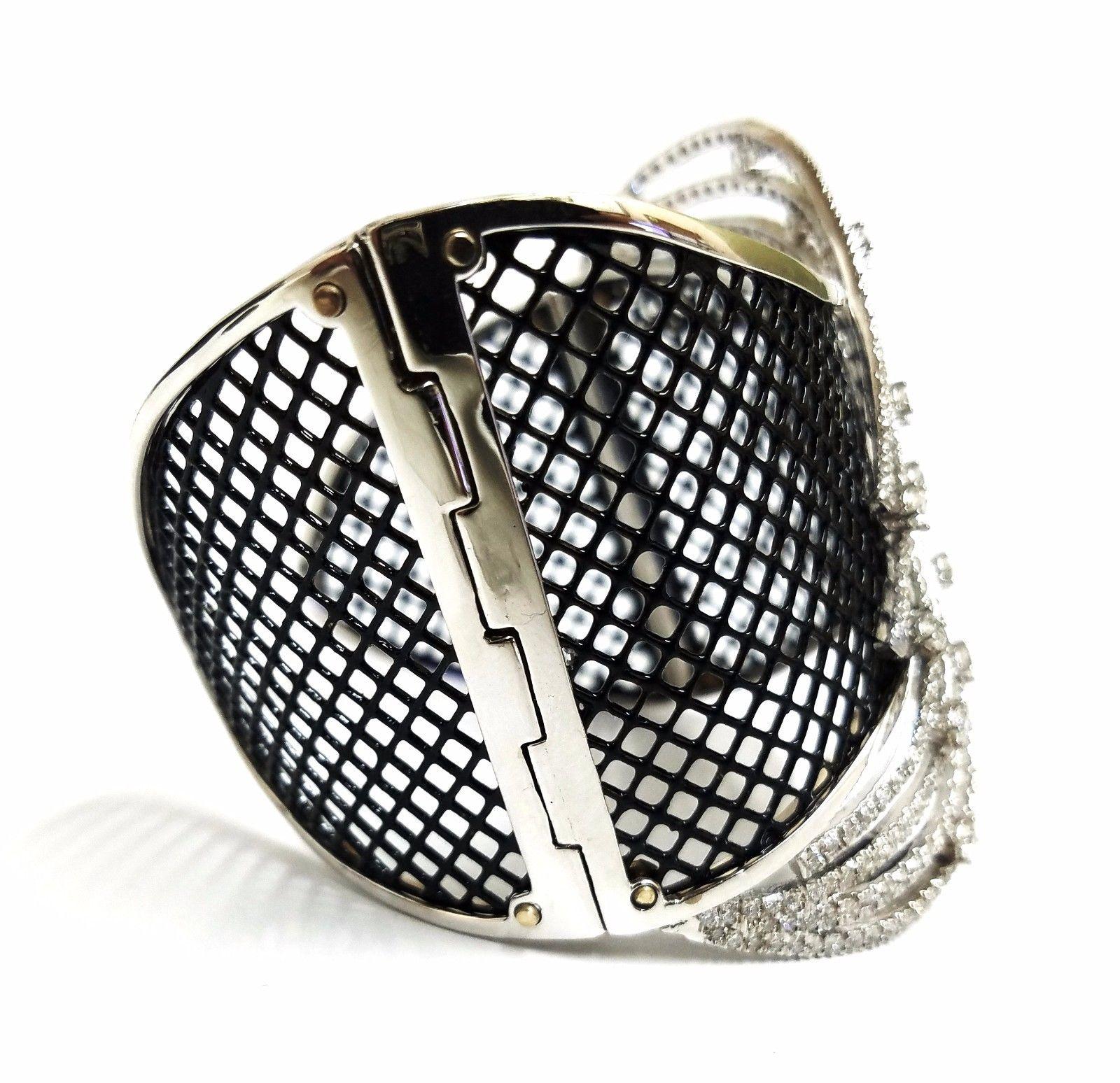 4.30ct Diamonds Bangle Cuff Bracelet 18kt Fish Net Grill Blackened Spring Hinge 1