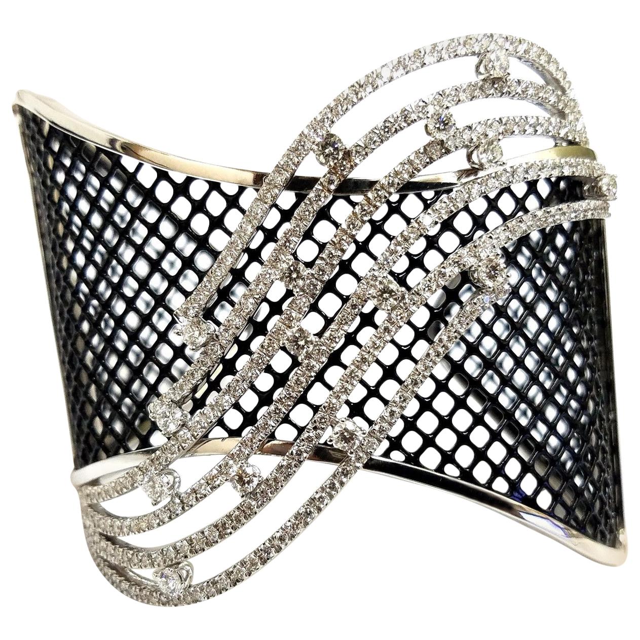 4.30ct Diamonds Bangle Cuff Bracelet 18kt Fish Net Grill Blackened Spring Hinge