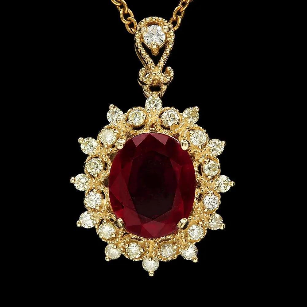Colgante de oro amarillo macizo de 14 quilates con rubí natural y diamante de 4,30 quilates Corte oval en venta