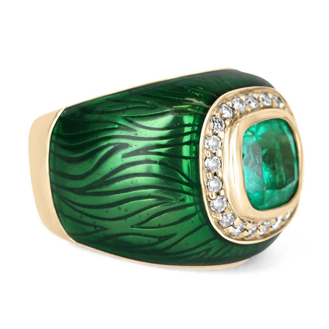 This is a bright green Colombian emerald, diamond, and enamel ring. Handcrafted and designed by our own master jeweler 