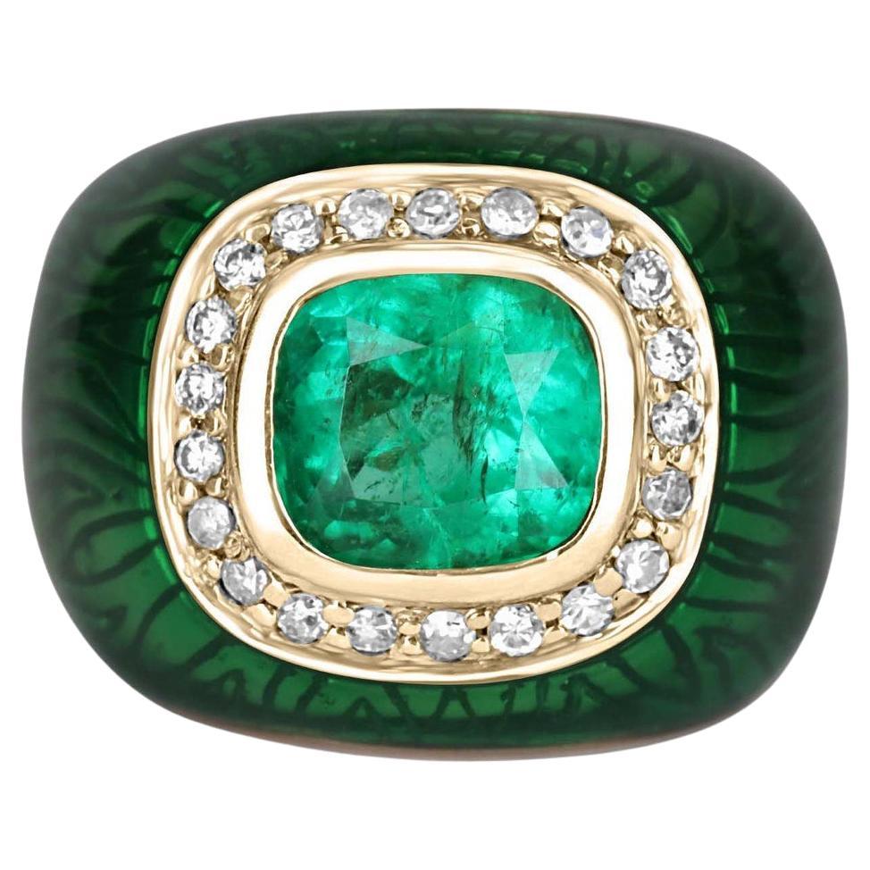 4.30tcw 14K Colombian Emerald & Diamond Enamel Cocktail Men's Ring For Sale