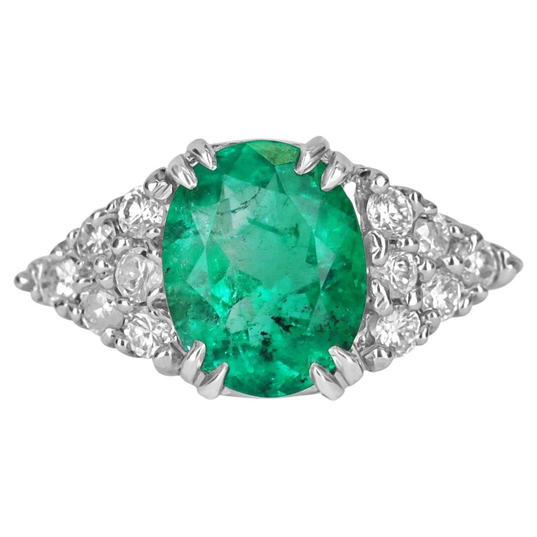 4.30tcw Plat Colombian Emerald-Oval Cut & Diamond Gold Statement Ring For Sale