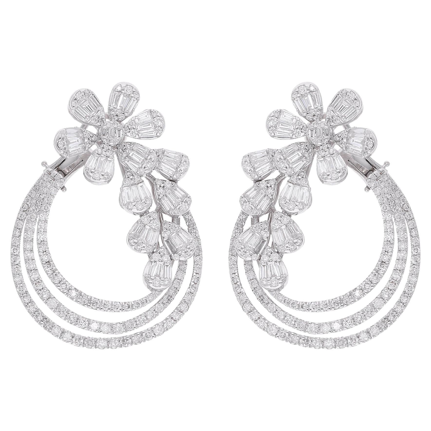 4.31 Carat Baguette Round Diamond Earrings 18 Karat White Gold Handmade Jewelry