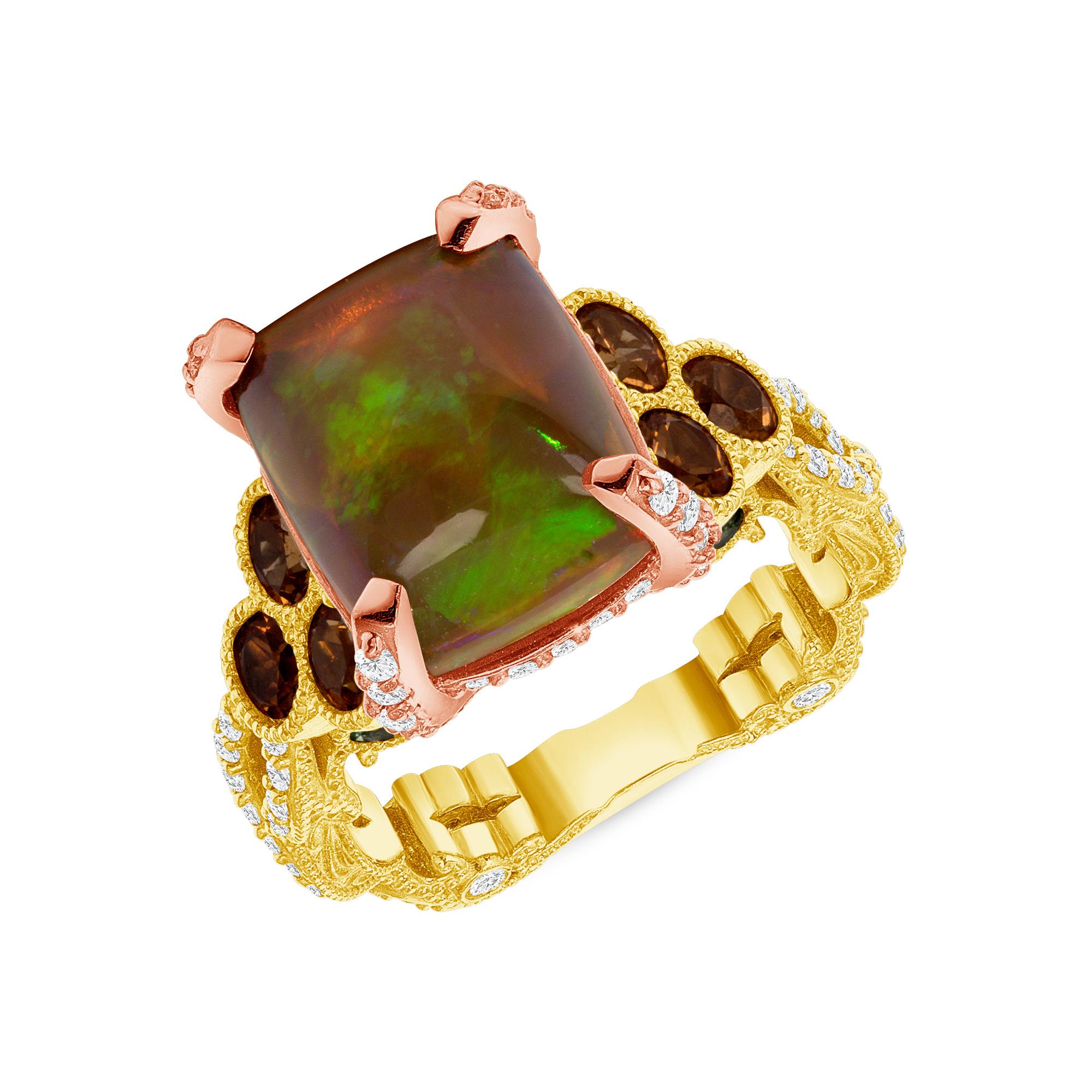 Modern 4.31 Carat Ethiopian Opal Diamond Garnet Tourmaline Rose Gold Cocktail Ring For Sale