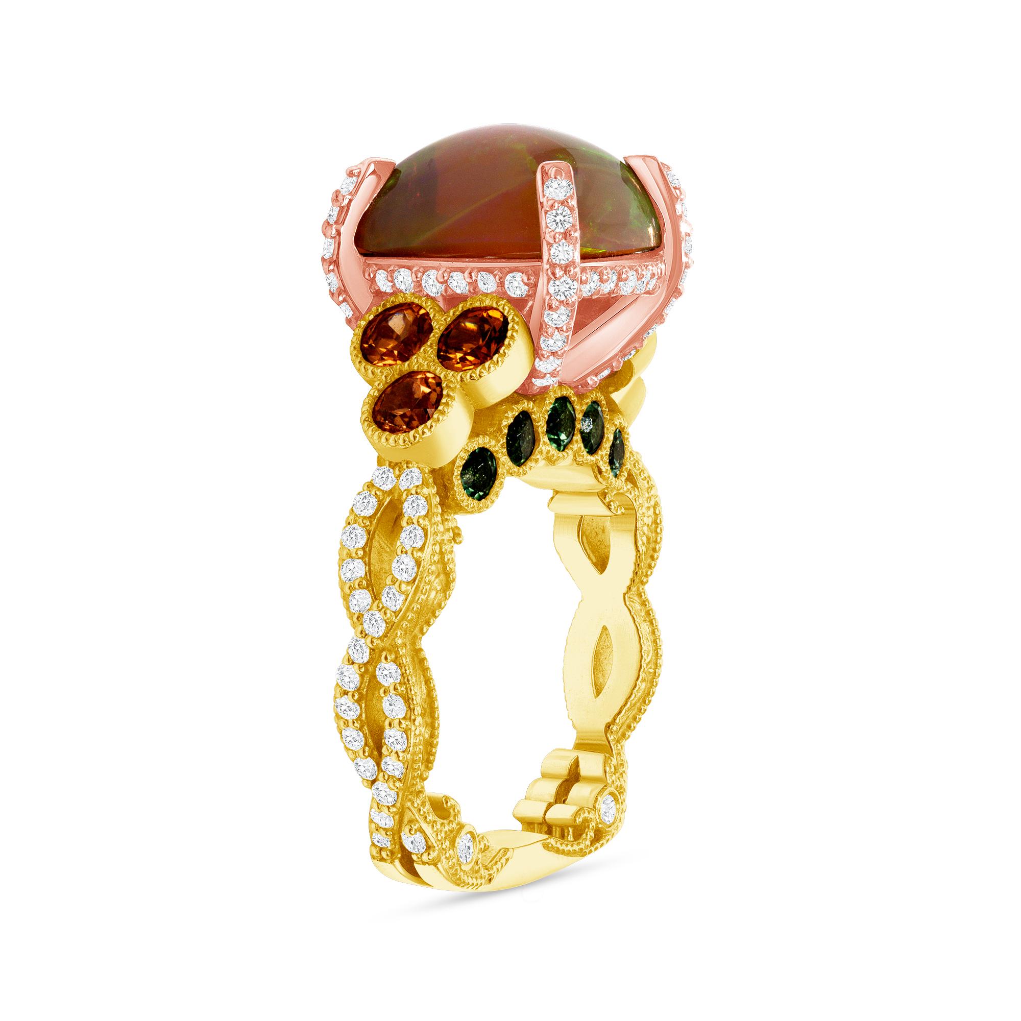 4,31 Karat Äthiopischer Opal Diamant Granat Turmalin Rose Gold Cocktail Ring (Gemischter Schliff) im Angebot