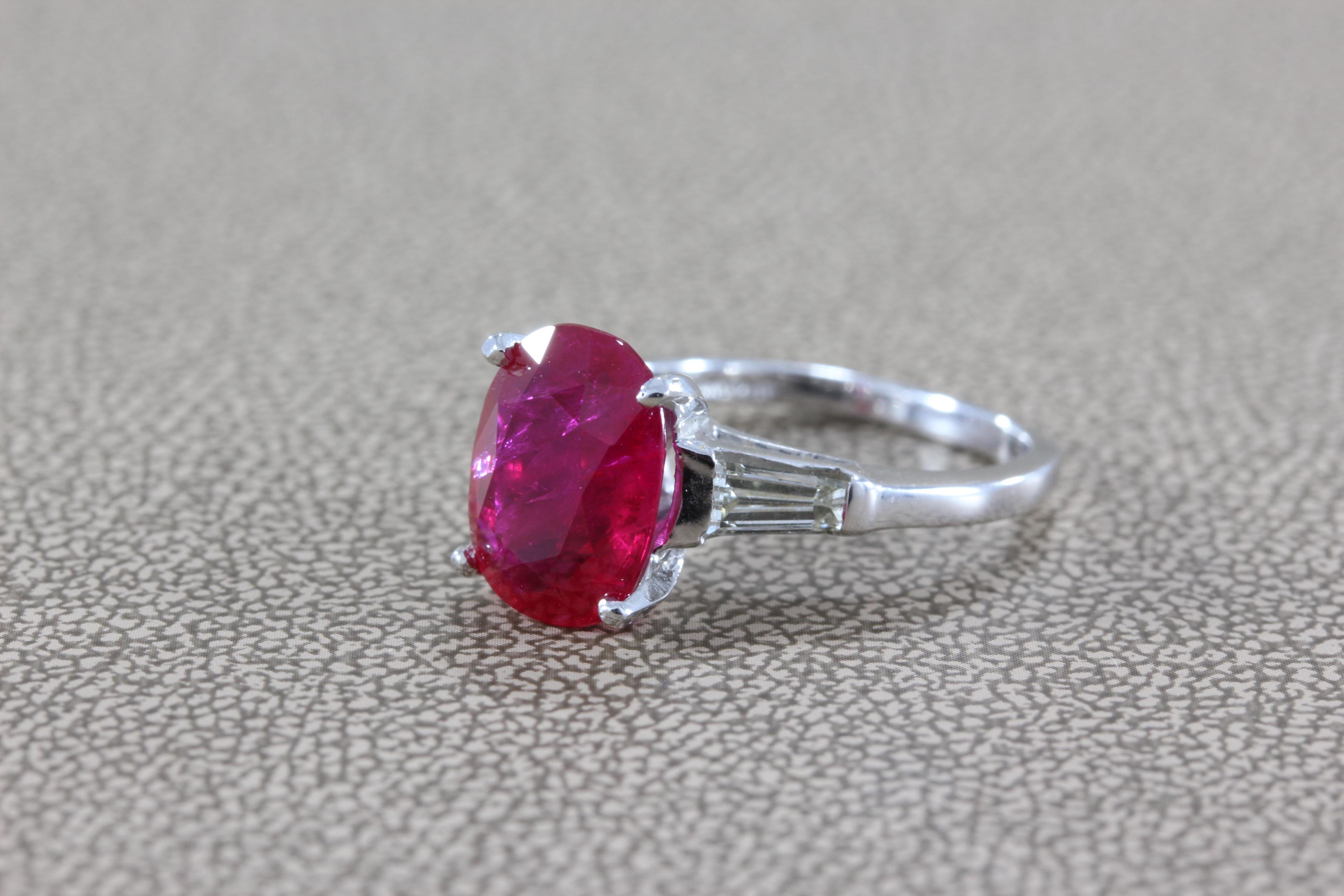 Baguette Cut 4.31 Carat GIA Certified Ruby Diamond Platinum Ring For Sale