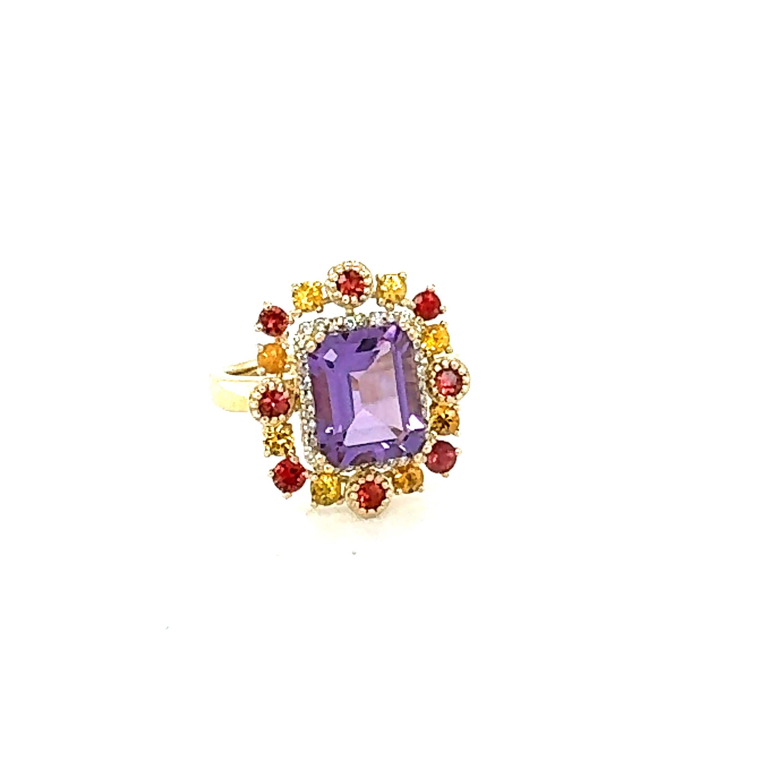 Contemporary 4.31 Carat Natural Amethyst Diamond Sapphire Yellow Gold Cocktail Ring For Sale