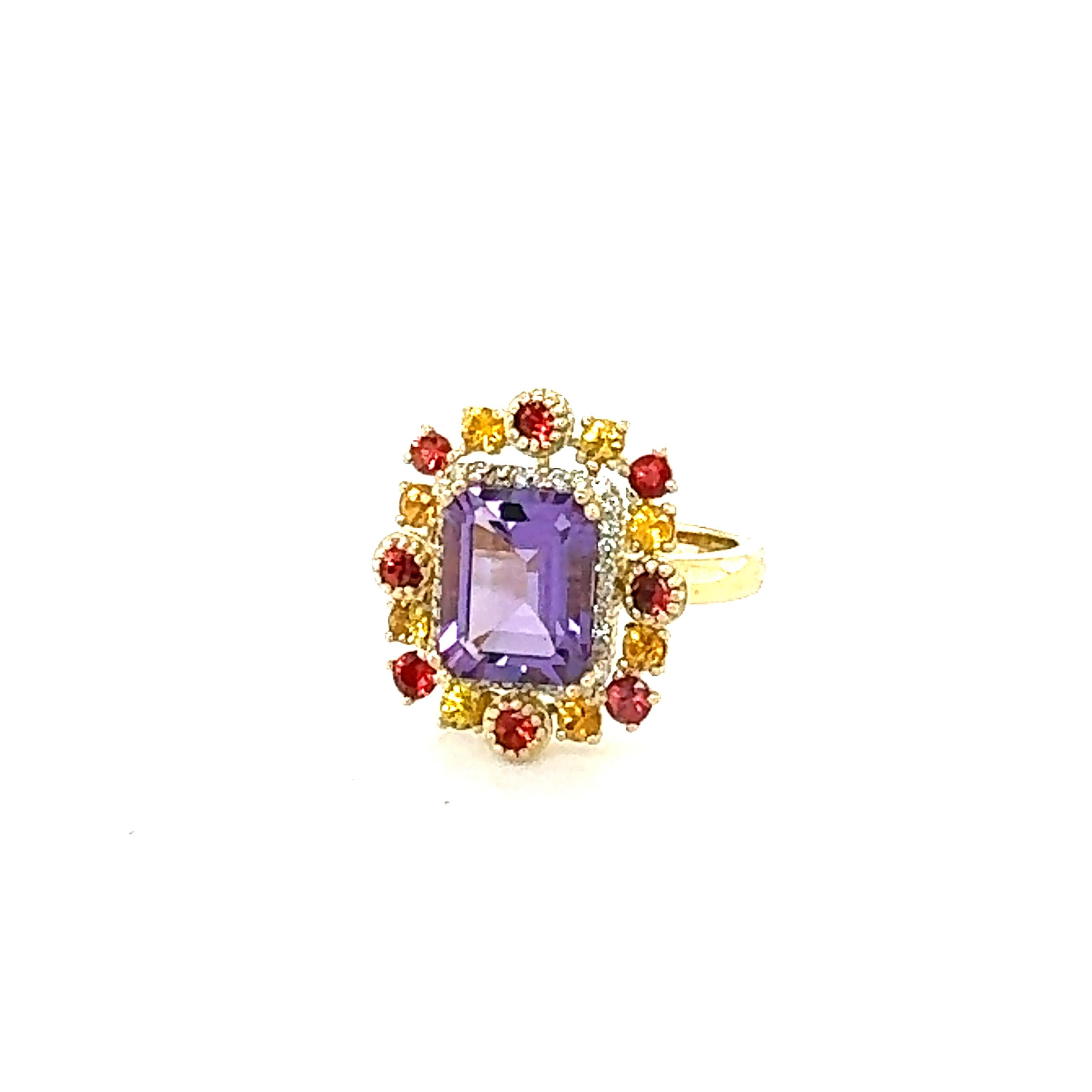 Emerald Cut 4.31 Carat Natural Amethyst Diamond Sapphire Yellow Gold Cocktail Ring For Sale