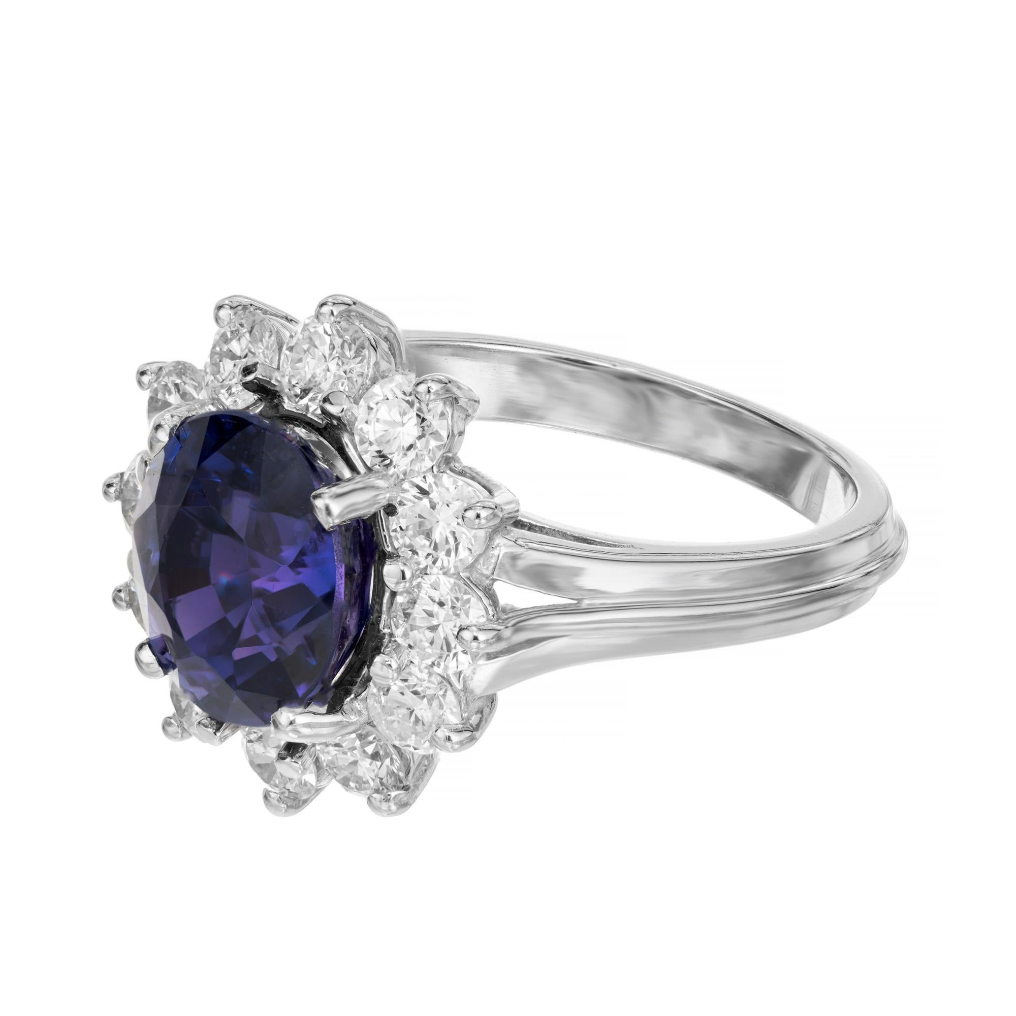 Oval Cut  4.31 Carat Oval Sapphire Diamond Halo White Gold Mid-Century Engagement Ring For Sale