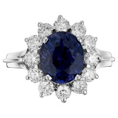  4.31 Carat Oval Sapphire Diamond Halo White Gold Mid-Century Engagement Ring