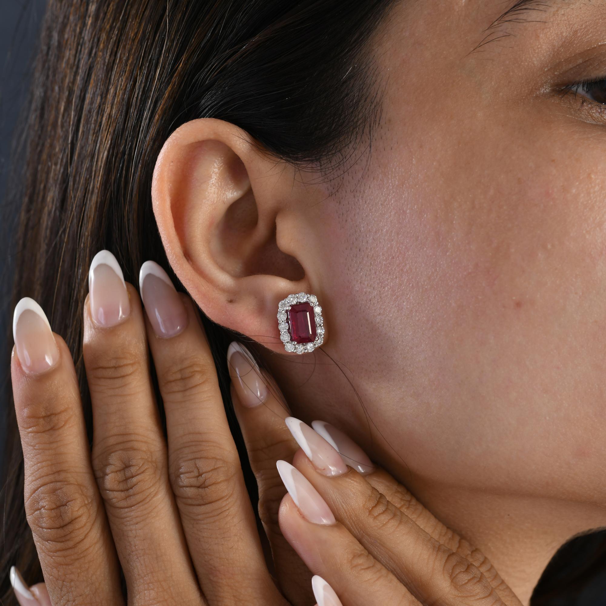 Octagon Cut 4.31 Carat Ruby Gemstone 1.28 Carat SI/H Diamond Earrings 18 Karat White Gold For Sale