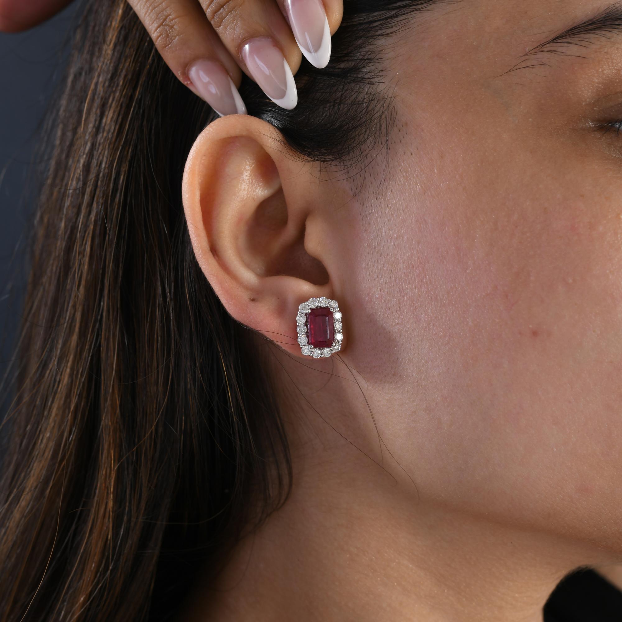 Women's 4.31 Carat Ruby Gemstone 1.28 Carat SI/H Diamond Earrings 18 Karat White Gold For Sale