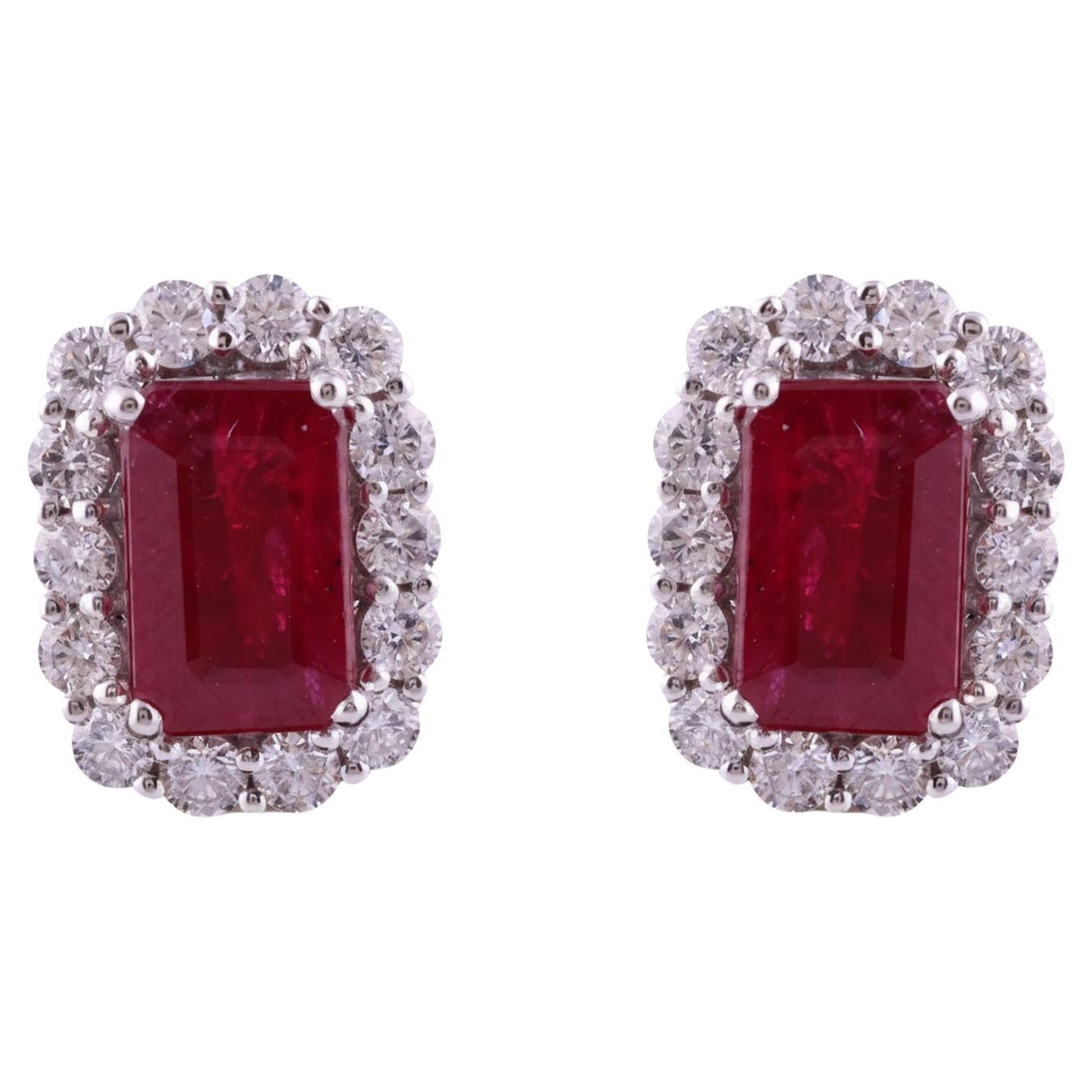 4.31 Carat Ruby Gemstone 1.28 Carat SI/H Diamond Earrings 18 Karat White Gold