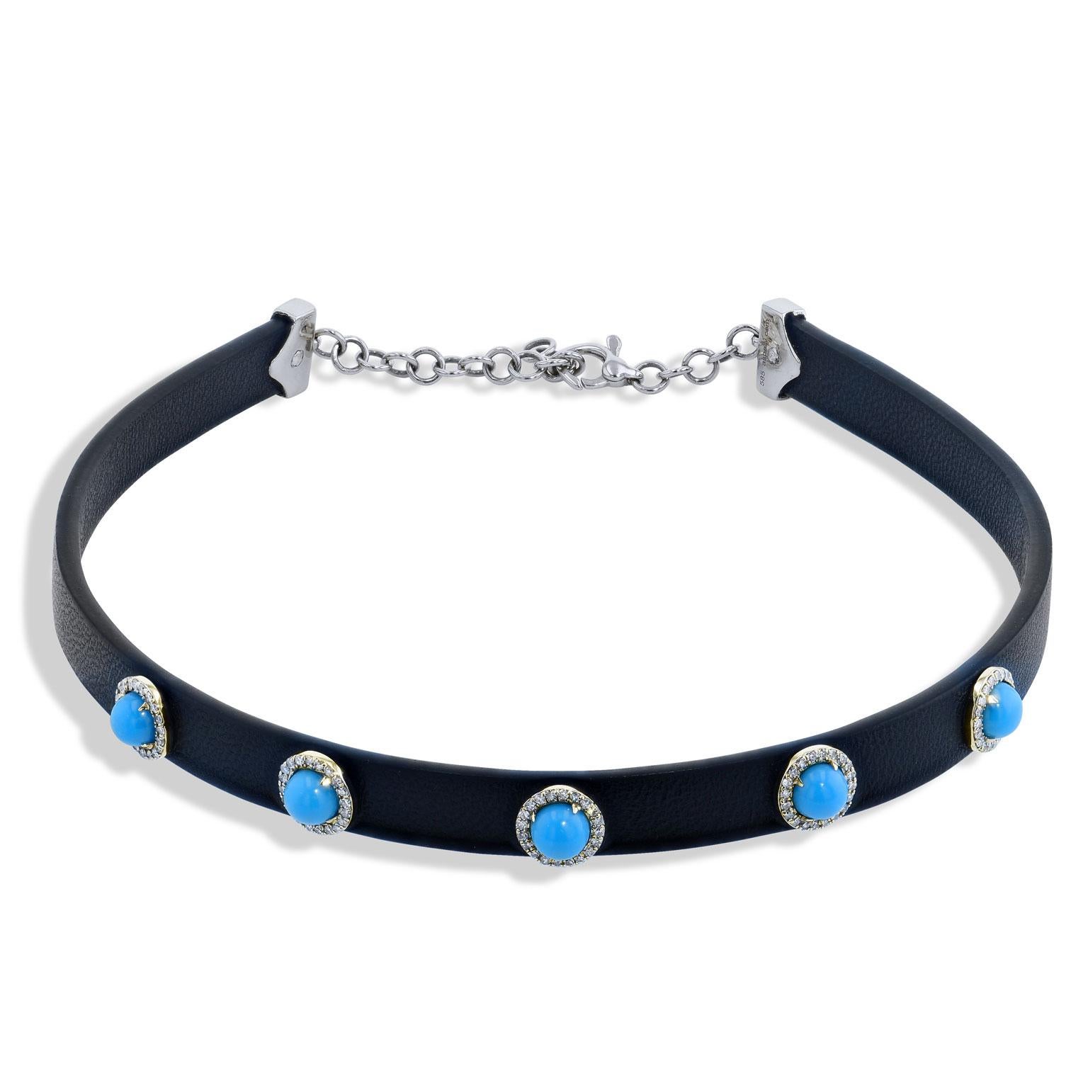 Round Cut 4.31 Carat Turquoise and Diamond Black Leather Choker Necklace