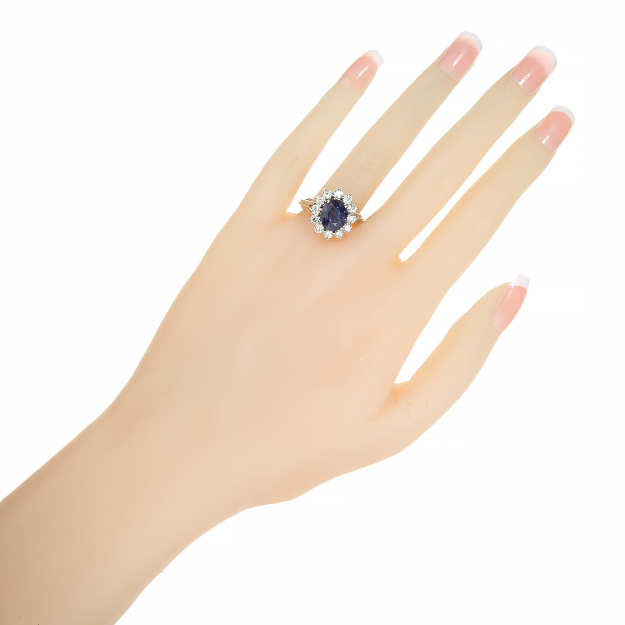 Women's 4.31 Oval Blue Purple Sapphire Diamond Halo Engagement Ring For Sale